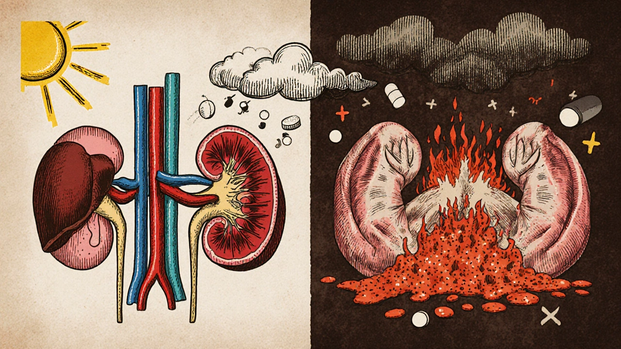 Split illustration: healthy organs vs. overwhelmed liver and kidneys from metformin and alcohol.