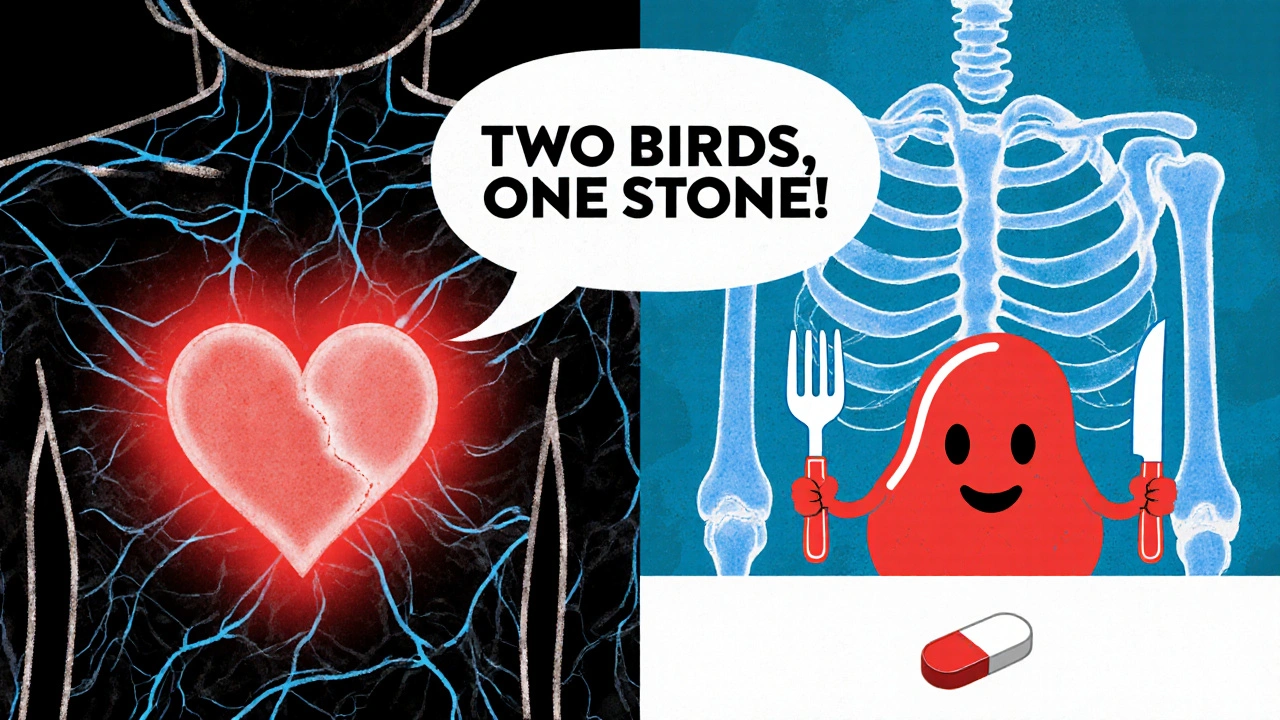 Split image showing health decline from high phosphate vs. improvement with iron-based binder and diet.