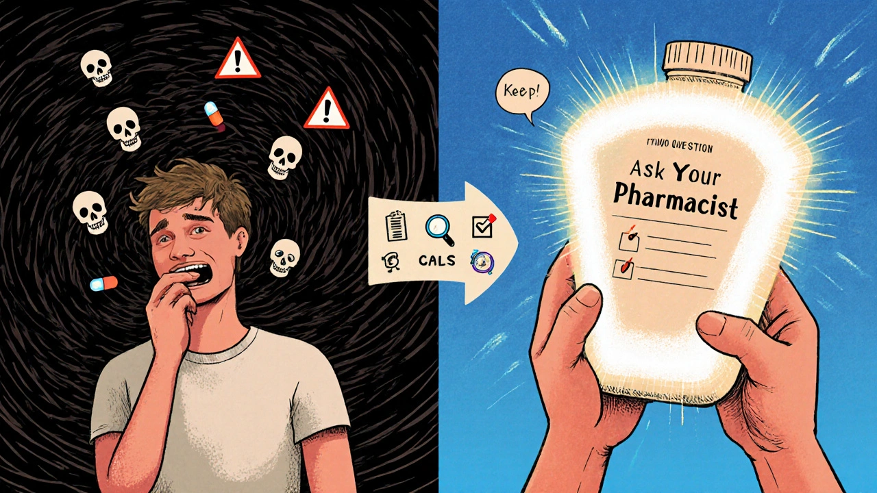Split scene: one side shows danger from a pill, the other shows safety from reading the label and asking questions.