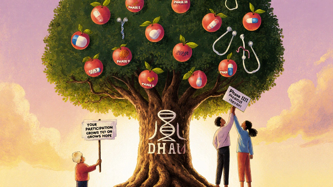Symbolic tree with trial phases as roots and medical breakthroughs as fruit