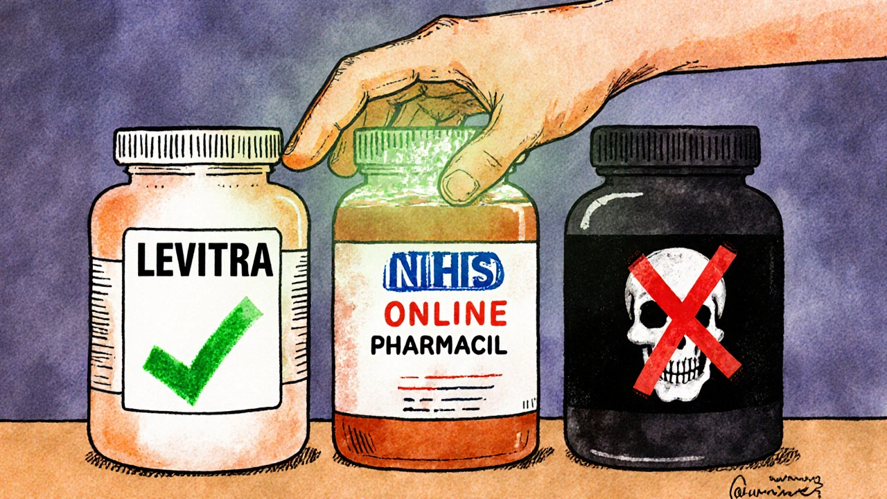 Three ED medication bottles are shown at a pharmacy, with one marked as safe and legal.