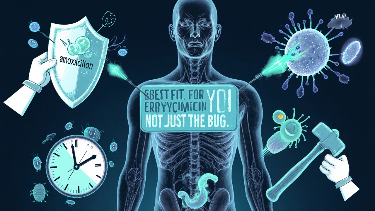 Transparent human body with infections being treated by different antibiotics, showing amoxicillin&#039;s effectiveness.
