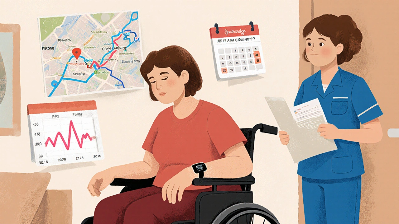 Woman with wearable sensor at home, surrounded by travel and appointment visuals