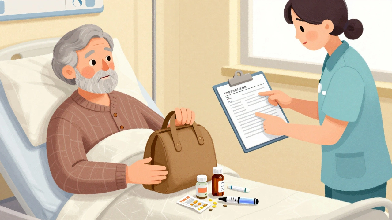 A caregiver and elderly patient with a nurse reviewing medication bottles in a hospital room.