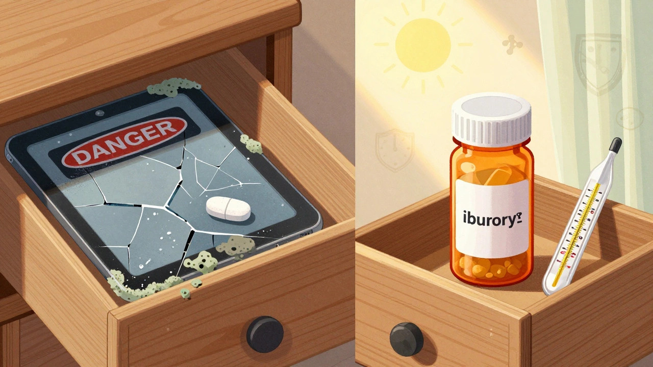 A comparison of a spoiled pill versus a properly stored one in a textured illustration with scientific symbols.