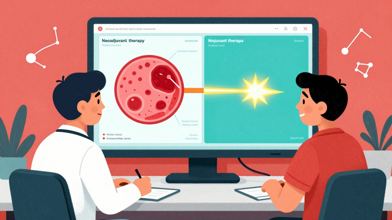 A doctor and patient reviewing tumor response data, comparing neoadjuvant and adjuvant therapy outcomes on a screen.