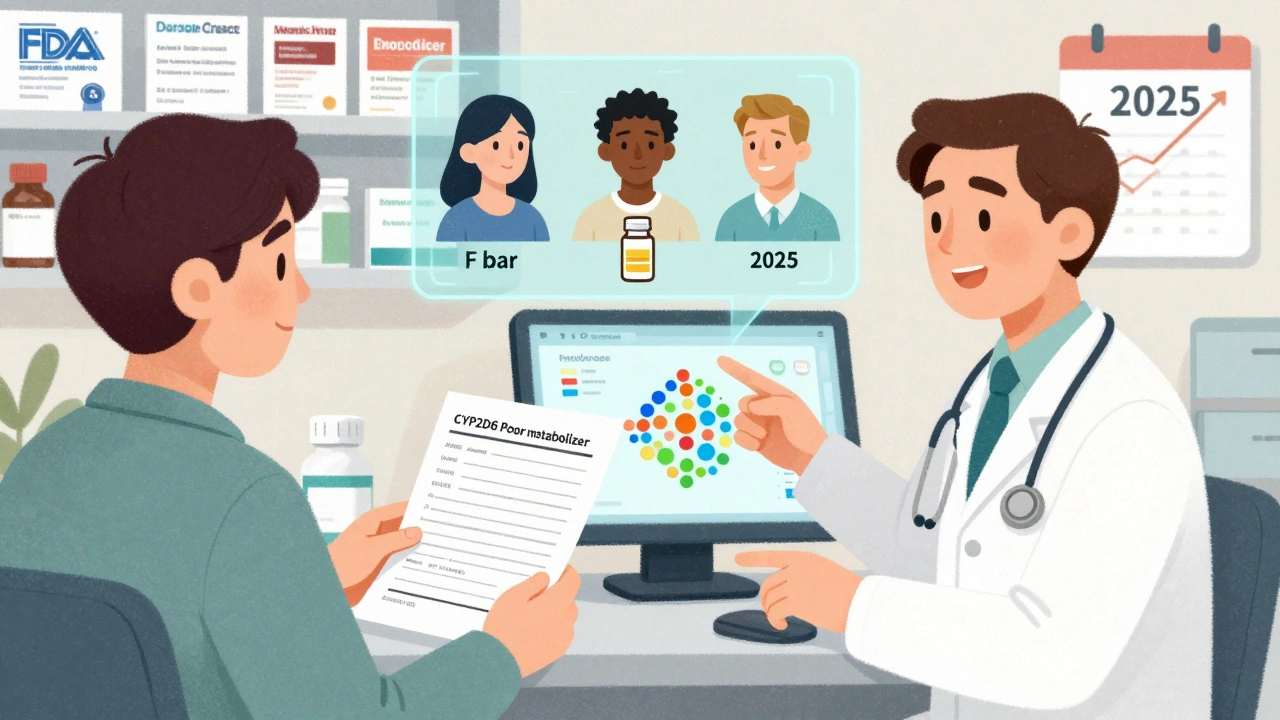 A doctor and pharmacist reviewing a genetic report, with holograms showing personalized dosages for different ethnicities.