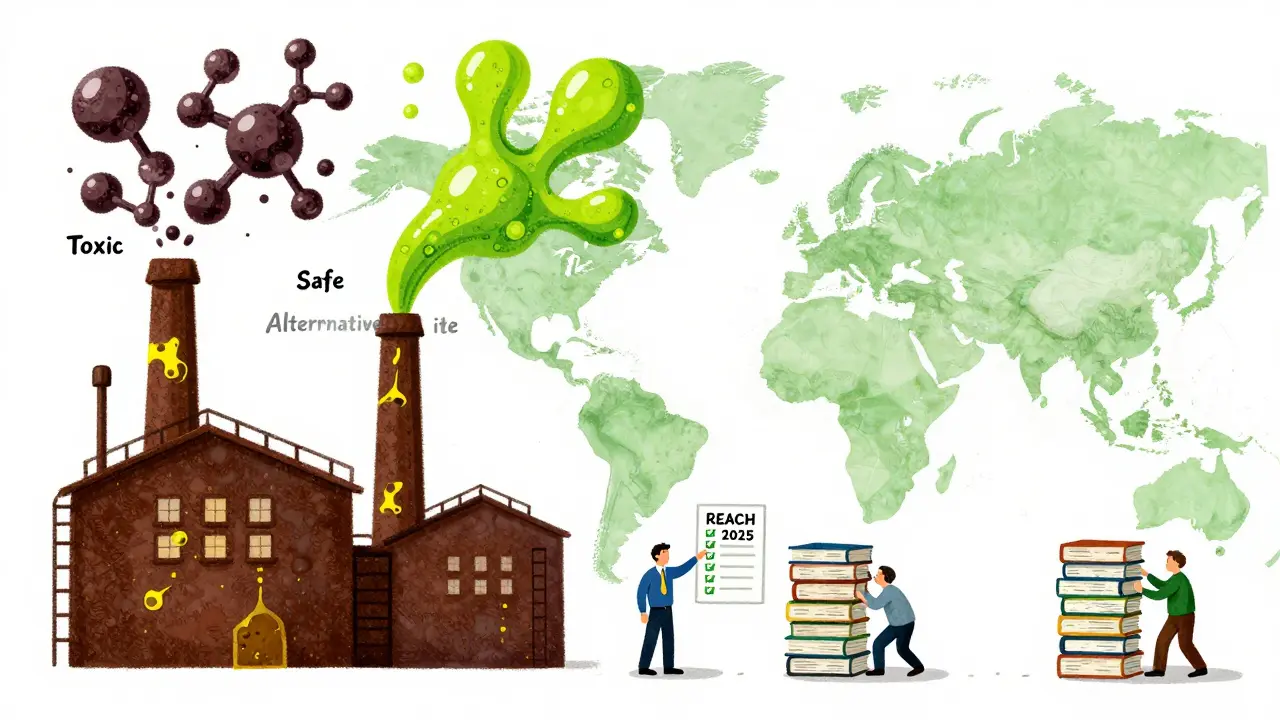 A factory emitting toxic and safe chemical alternatives, with EU regulations guiding the change.
