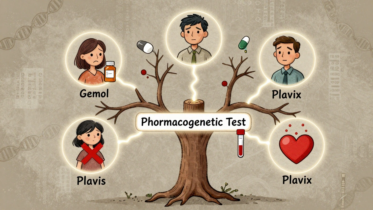 A family tree showing drug reactions across relatives, connected by genetic pathways leading to a test tube.