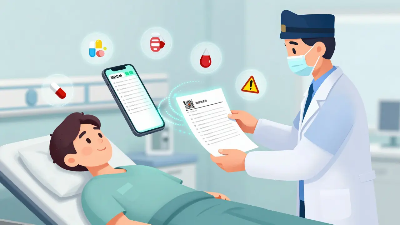 A paramedic giving a medication list to a doctor in the ER, with digital and paper copies visible.