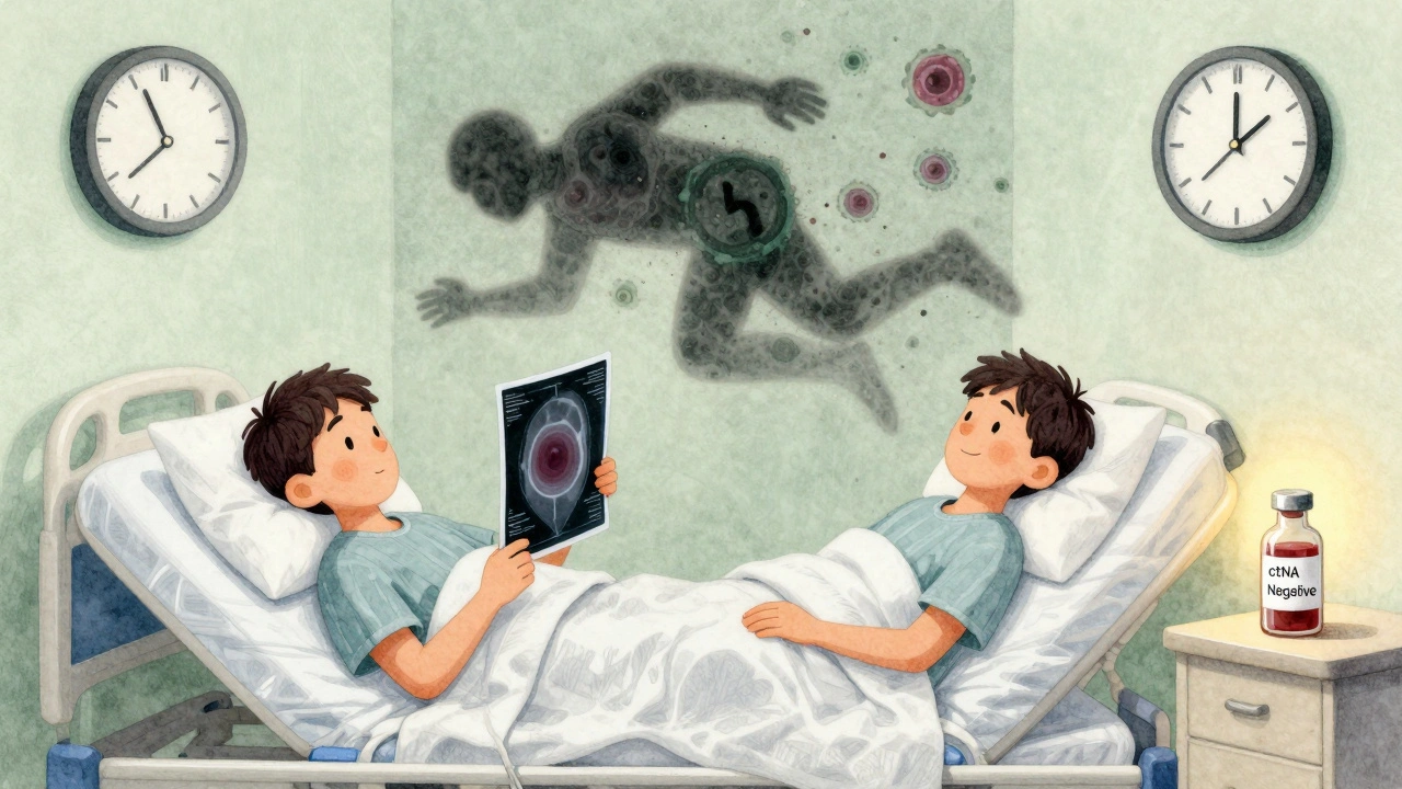 A patient holding a clean scan after surgery, with microscopic cancer cells fleeing and a blood test showing negative ctDNA.