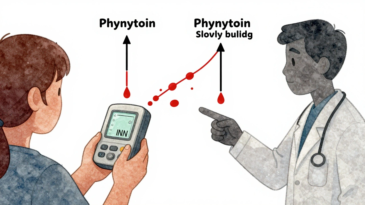 A patient monitoring INR levels with two paths showing drug interaction effects when phenytoin is stopped or continued.