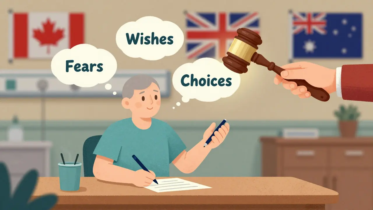 A person in a hospital receiving support to make their own decisions, with guardian and legal symbols nearby.