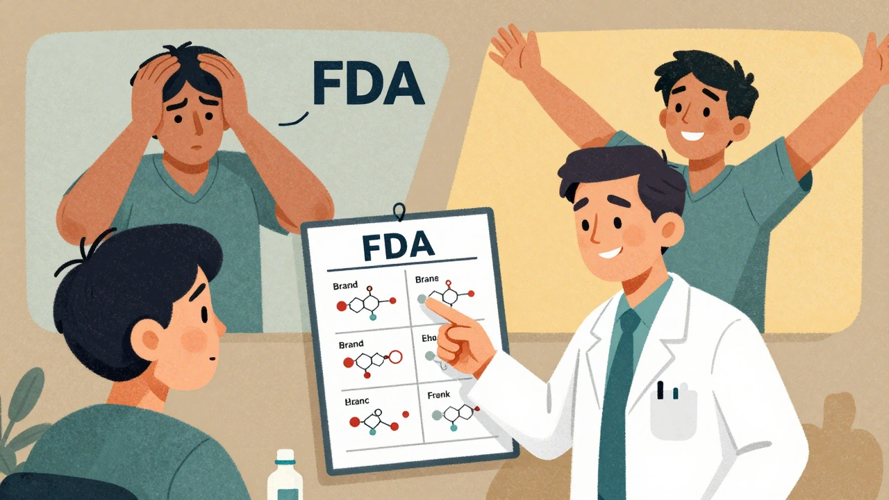 A pharmacist explaining a comparison chart to a patient, with visual representations of placebo and nocebo effects in the background.