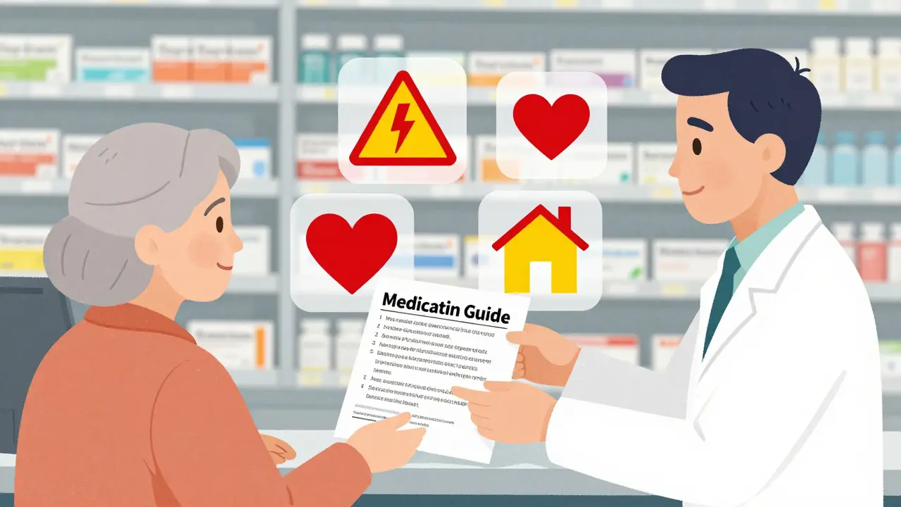 A pharmacist hands a Medication Guide to an elderly woman, with safety icons floating around the paper.
