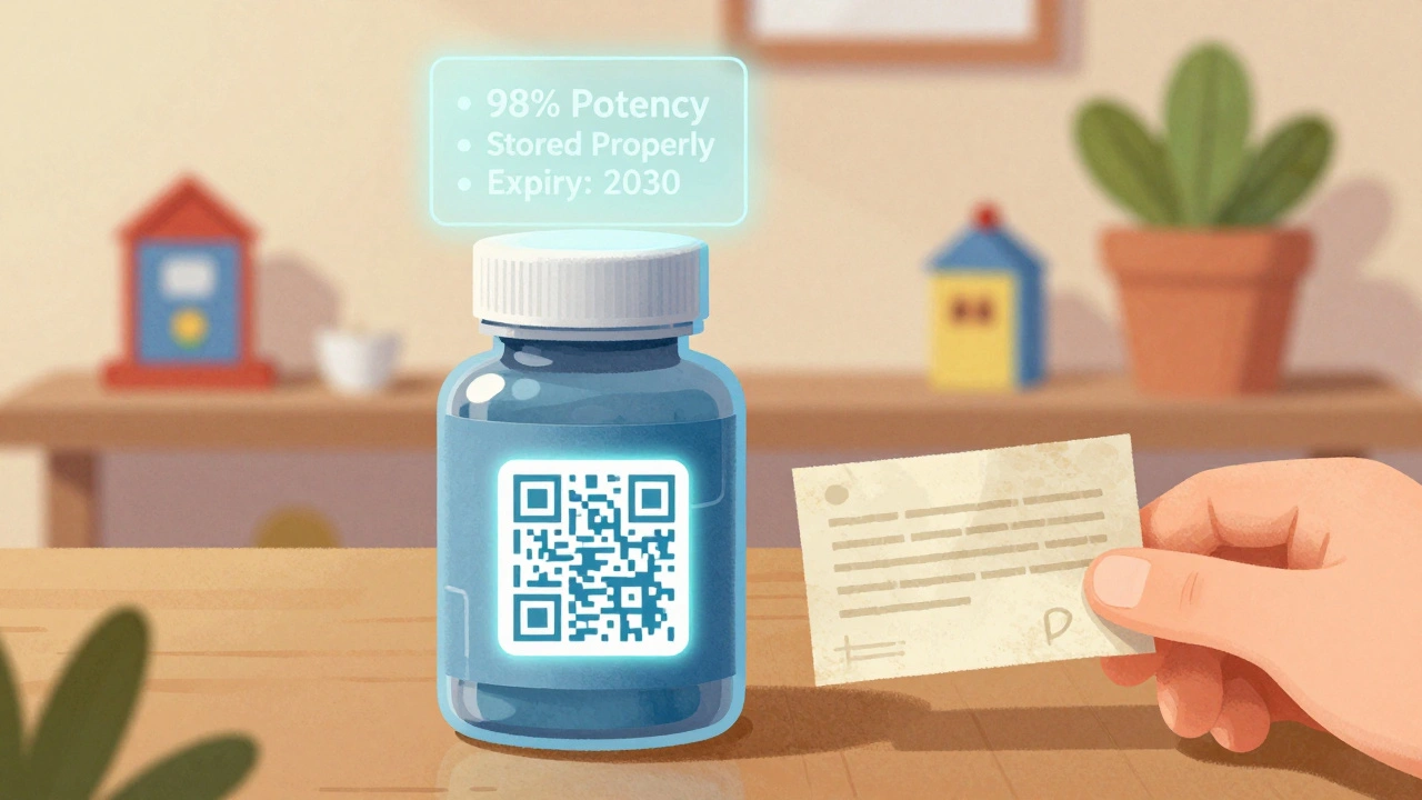 A smart pill bottle with a glowing QR code showing potency, next to a traditional label in a home setting.