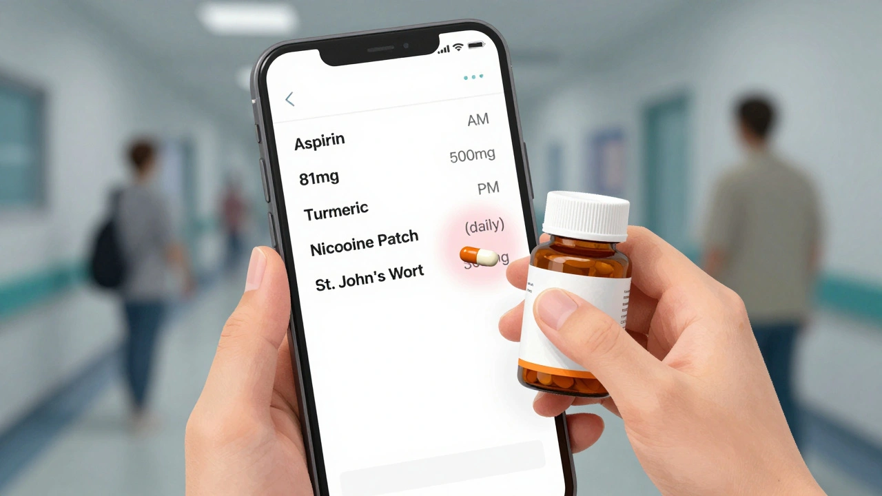 A smartphone showing a detailed medication list with turmeric capsules nearby.