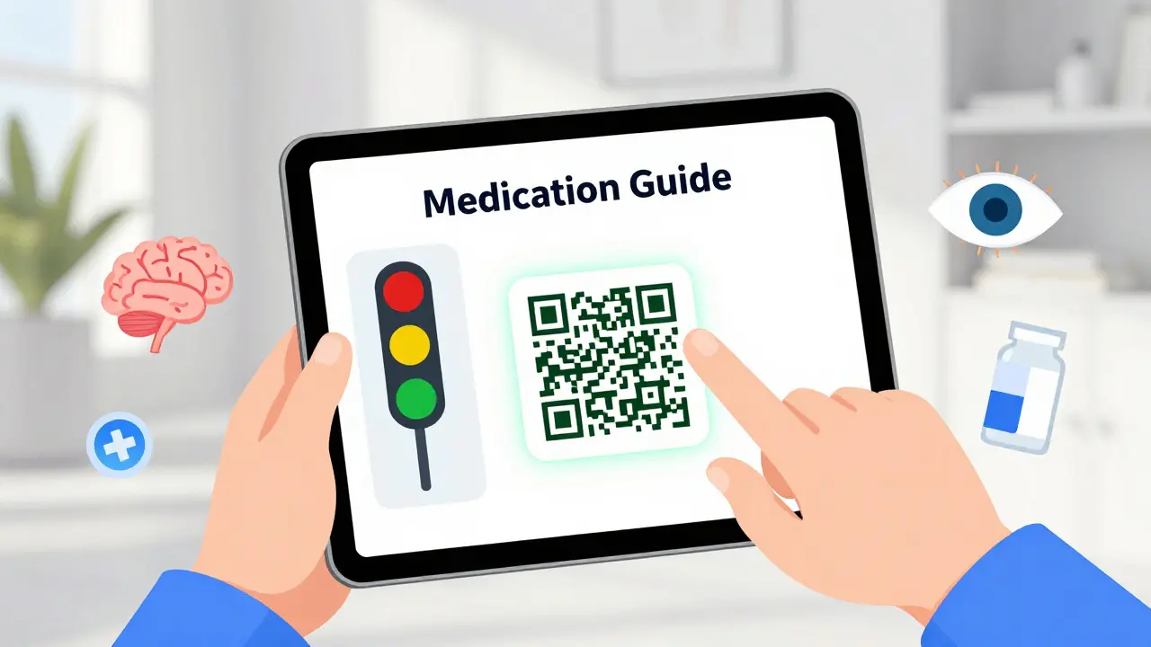 A tablet shows an interactive Medication Guide with animated risk icons and a glowing QR code.