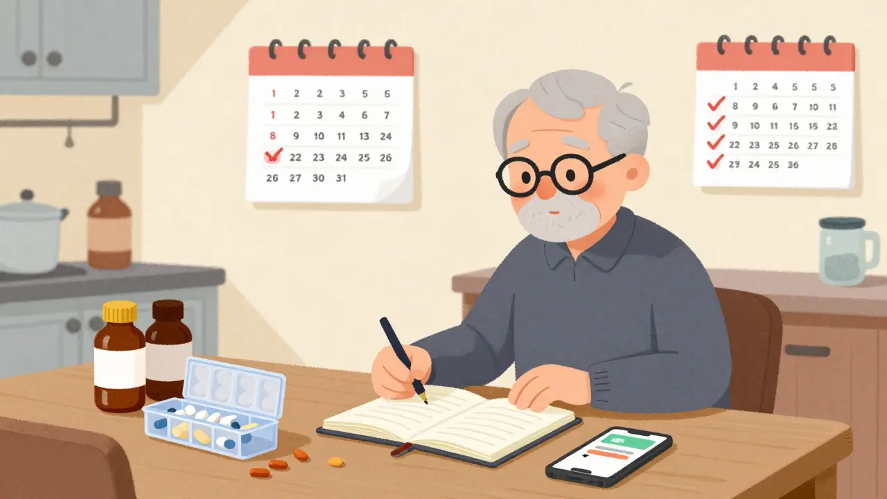 An adult reviewing medications at the kitchen table with pill organizers and a monthly reminder on phone.