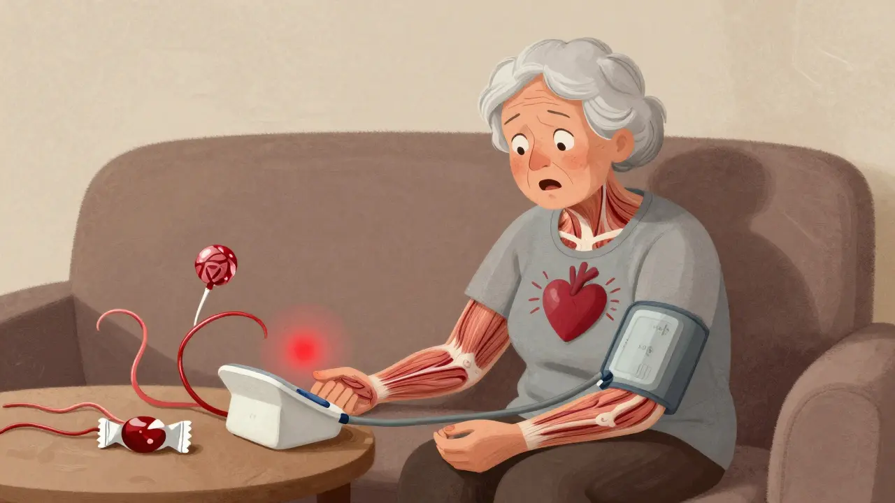 An elderly woman with a red blood pressure reading, licorice tendrils affecting her muscles and heart.