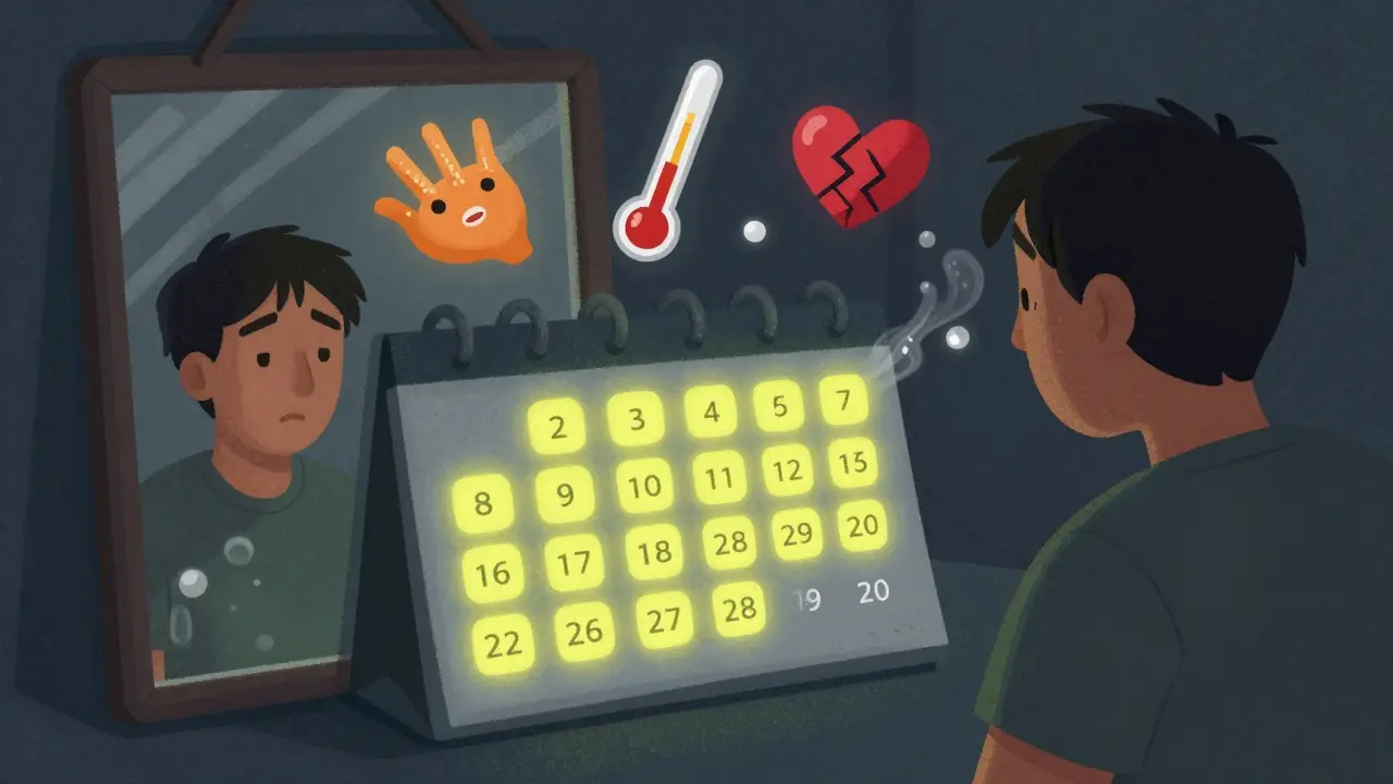 Calendar showing days 4 to 28 with symbols of rash, fever, and heart damage from delayed drug reaction.