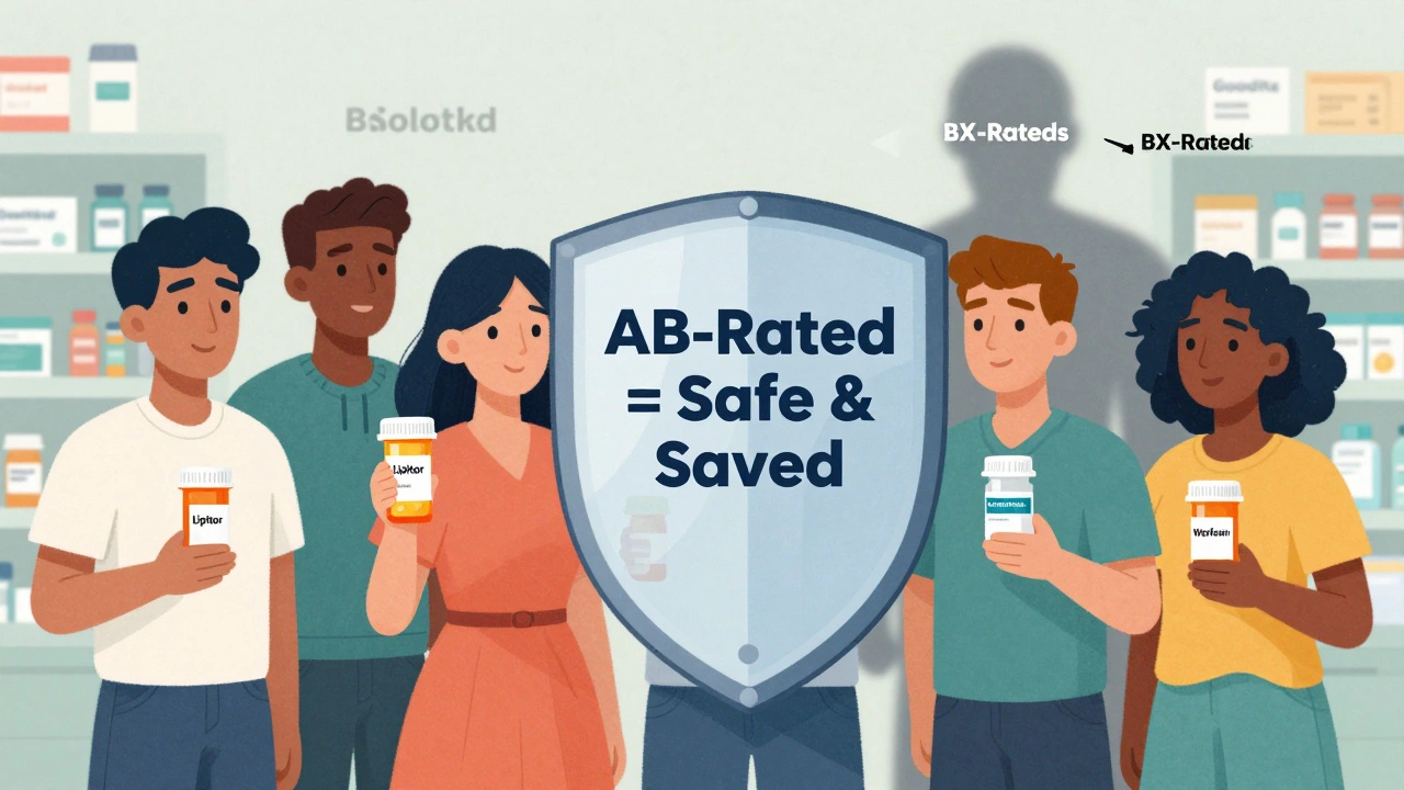 Diverse group protected by AB-rated generic shield, with risky BX-rated drugs fading away.