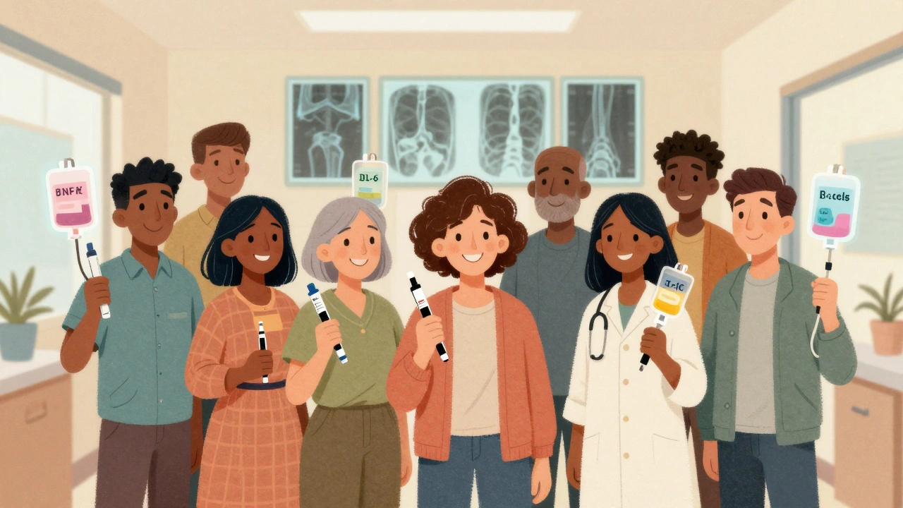 Diverse patients smiling with biologic medication pens and infusion bags in a sunlit clinic hallway.