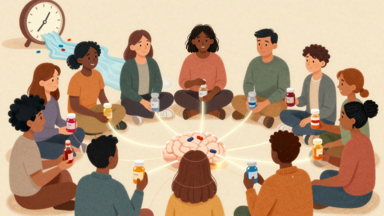 Diverse people in a circle holding pill bottles, each with unique withdrawal timelines shown as glowing brain pathways and liquid droplets.