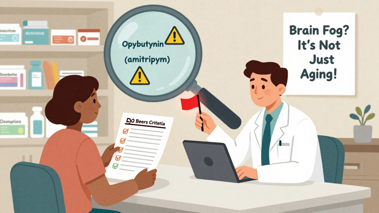 Doctor and patient reviewing medication list with a tablet highlighting high-risk drugs labeled &#039;Beers Criteria&#039;.