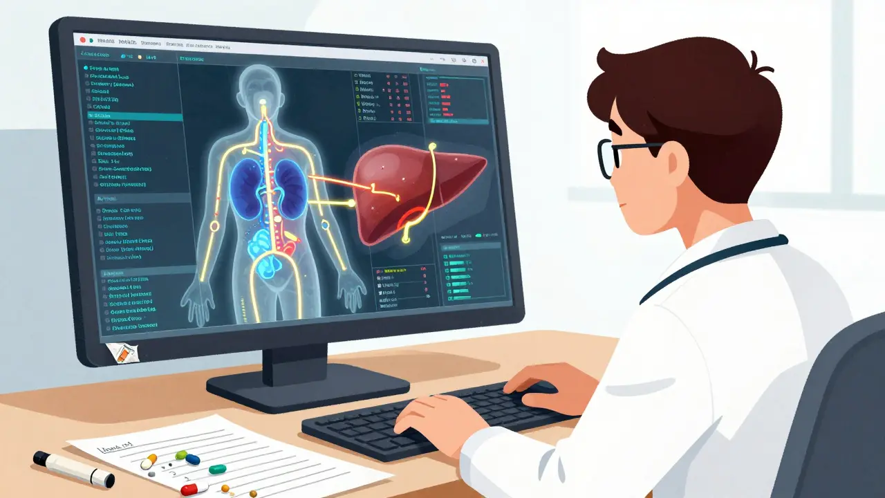 Doctor viewing a computer screen with conflicting drug interaction overlays on a patient's body.