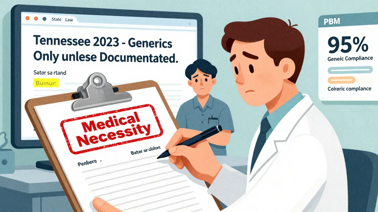 Doctor writing a prescription with a 'Medical Necessity' stamp, next to a state law screen and PBM compliance dashboard.