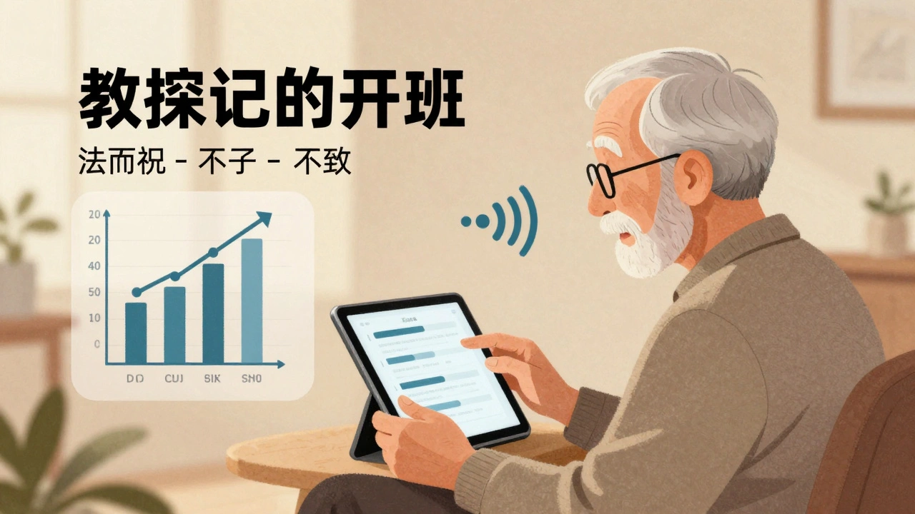 Elderly man using a simplified digital decision aid with audio icons at home.