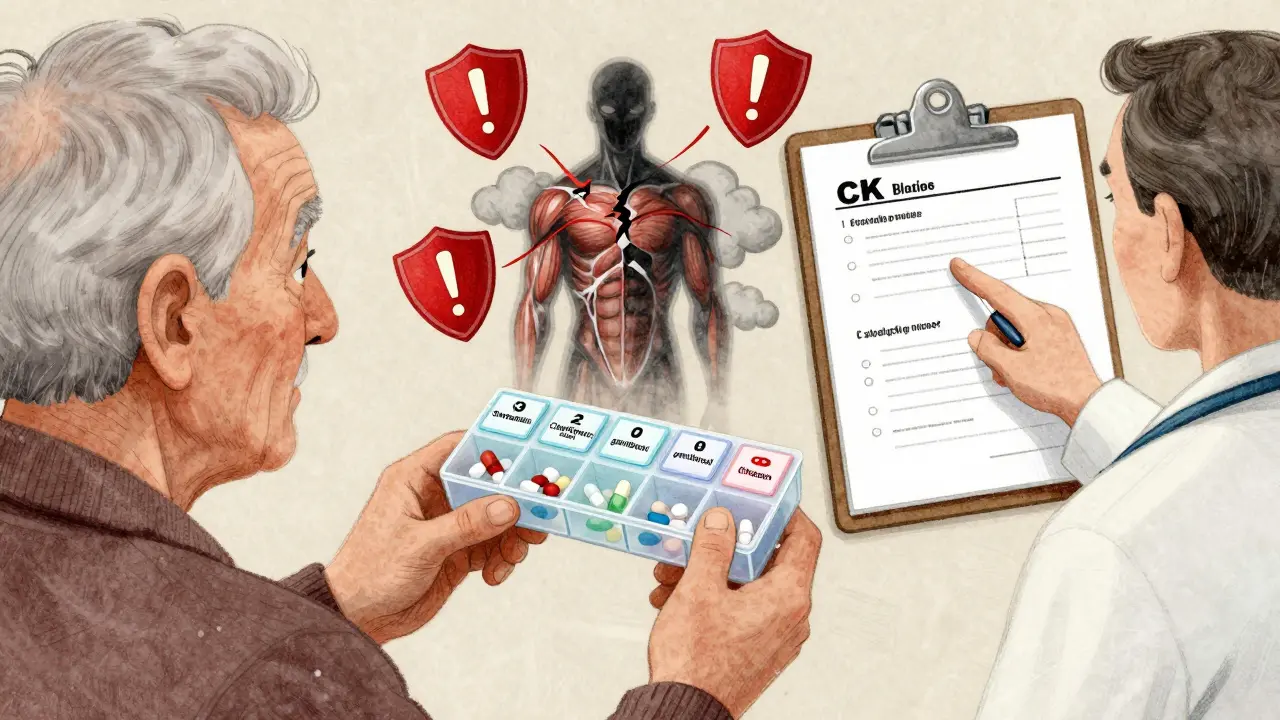Elderly patient with interacting medications, warning symbols, and muscle damage represented as shadowy clouds.