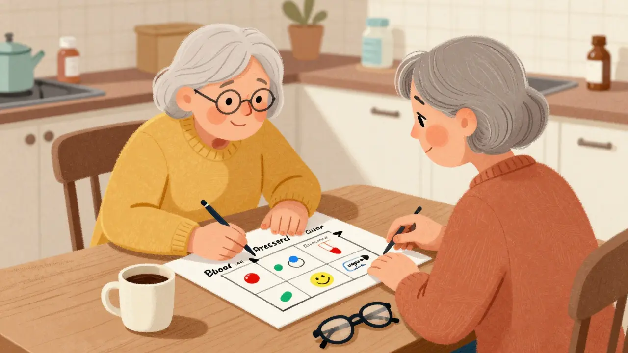 Elderly woman and pharmacist reviewing a hand-drawn medication chart at the kitchen table.