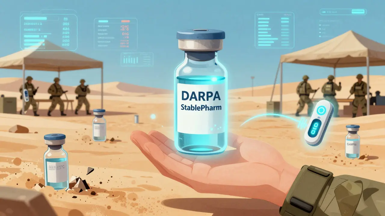 Futuristic heat-stable medical vial glowing in soldier's hand amid crumbling traditional vials.