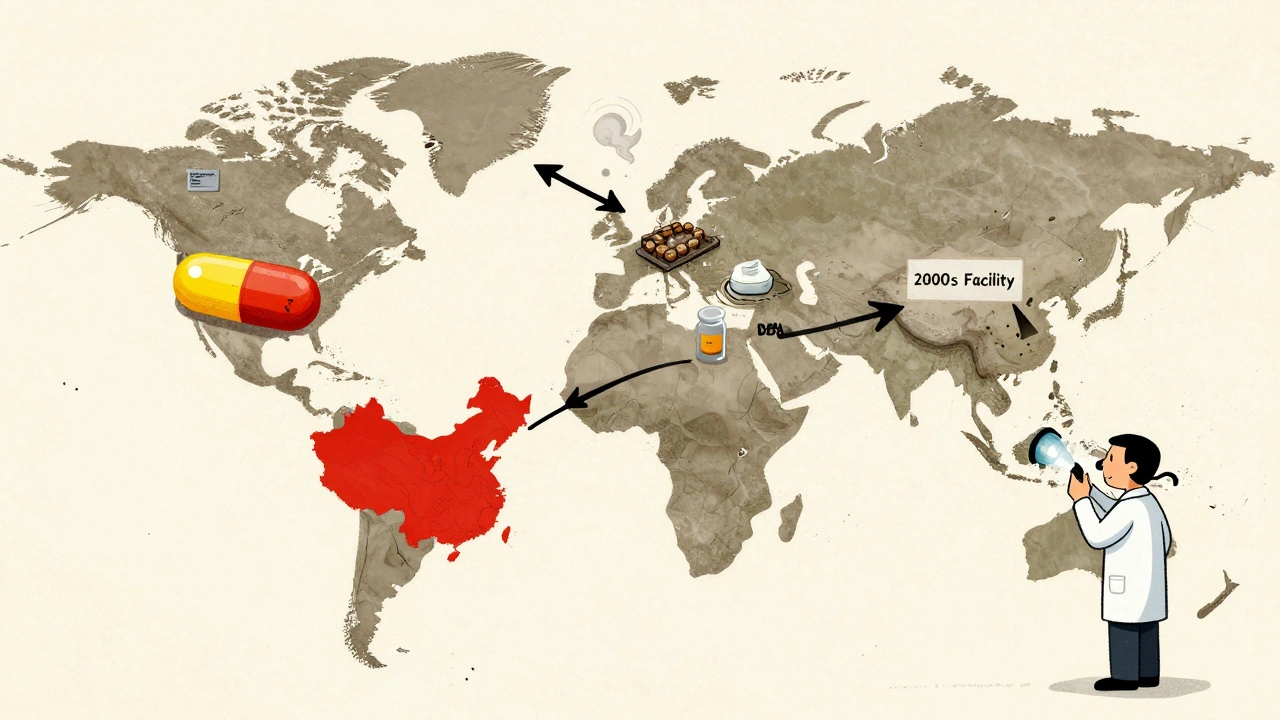 Global supply chain map showing pills darkening as they travel from factories to U.S. pharmacies.