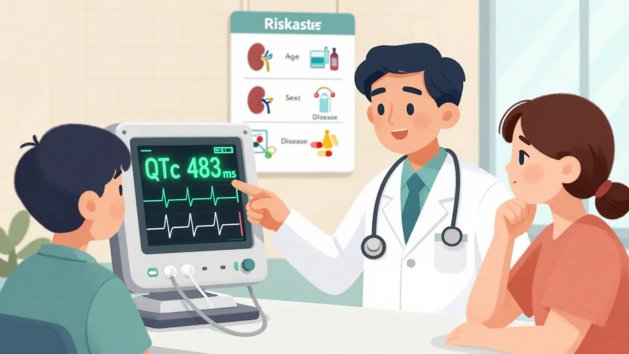 Handheld ECG device displays borderline QTc value in clinic, doctor and patient reviewing results together.