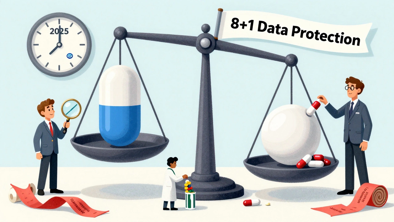 Illustration of a scale balancing branded and generic pills, with EU regulators adding national requirements to the generic side.
