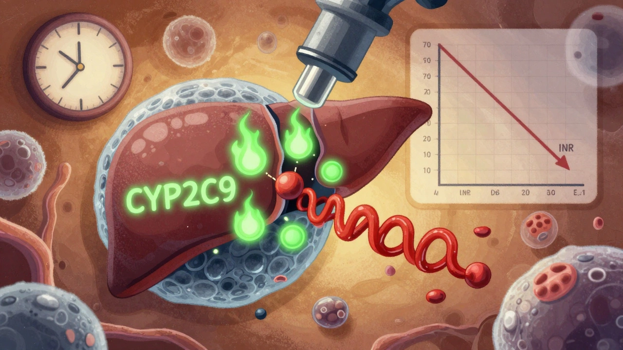 Liver cells with enzymes breaking down warfarin molecules as INR levels drop over time.