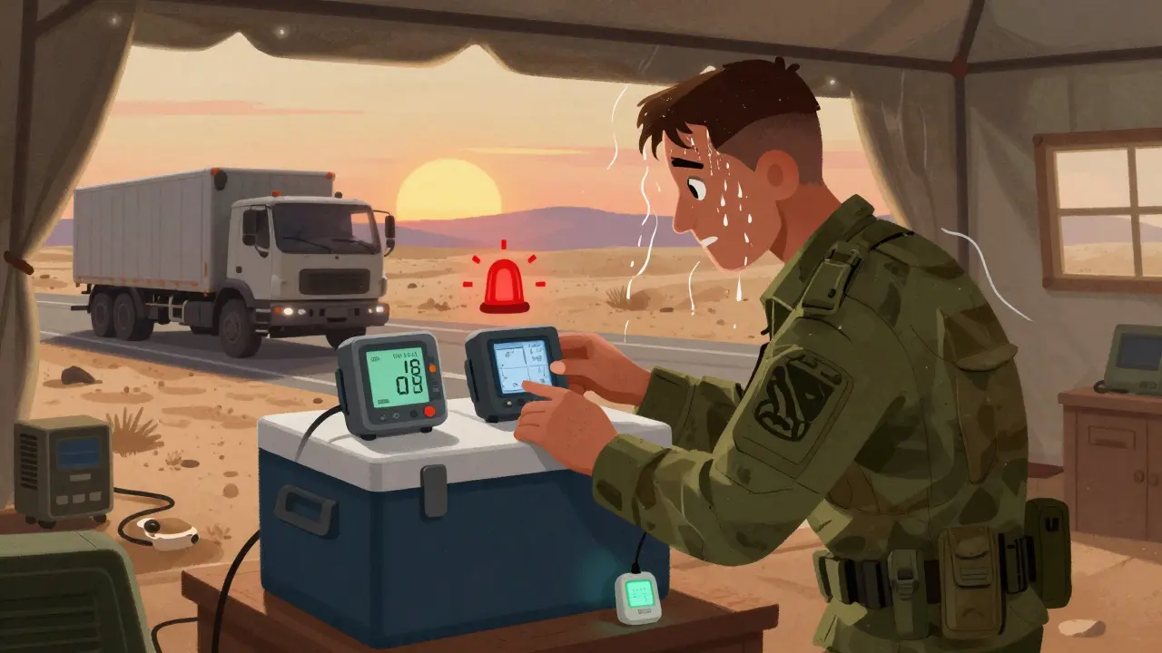 Medic checking temperature monitors on a refrigerated crate under harsh desert sun.