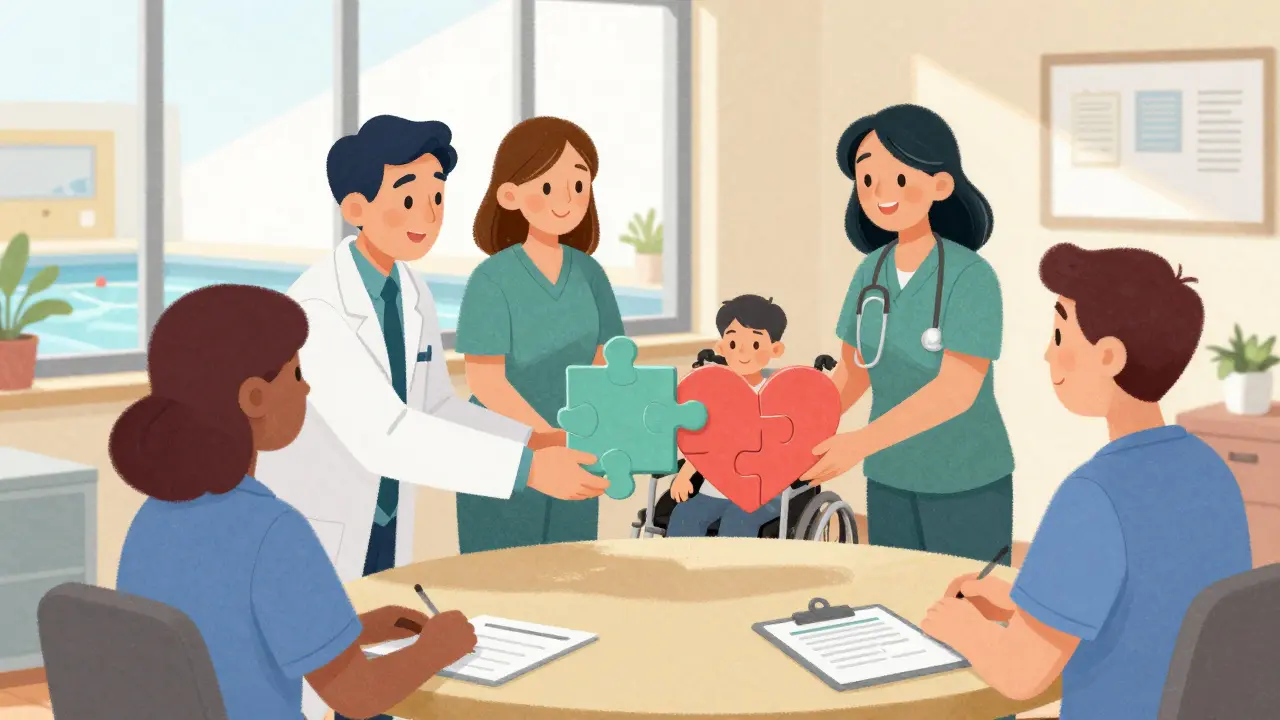 Multidisciplinary care team forming a heart with puzzle pieces, patient in wheelchair, sunlit clinic background.