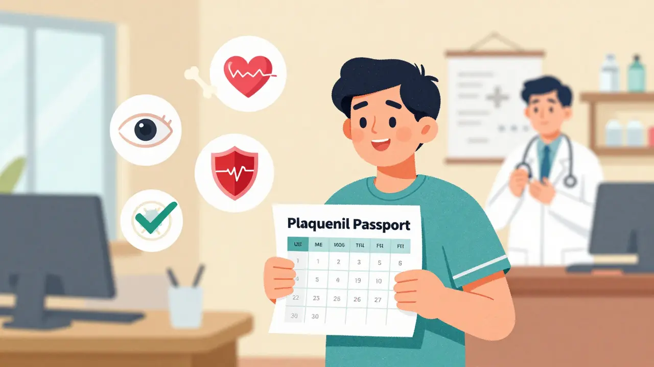 Patient holding treatment tracker with icons of heart, bone, and eye representing health benefits.