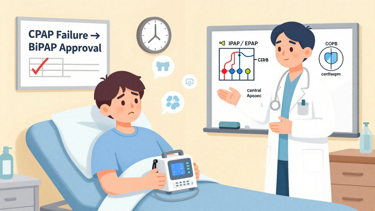 Patient learning BiPAP settings with therapist, medical diagrams on whiteboard.