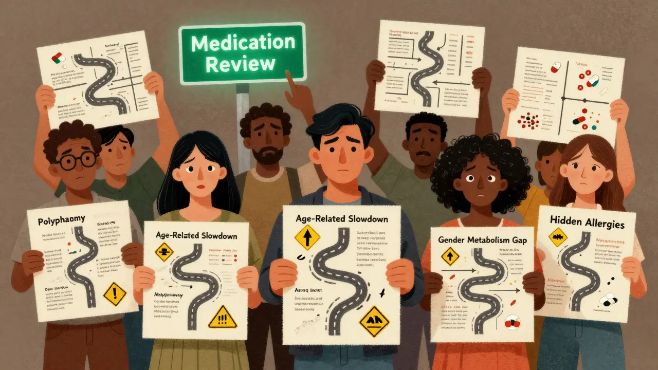 People holding personalized medication maps with hazard signs, pointing toward a safe exit labeled 'Medication Review'.