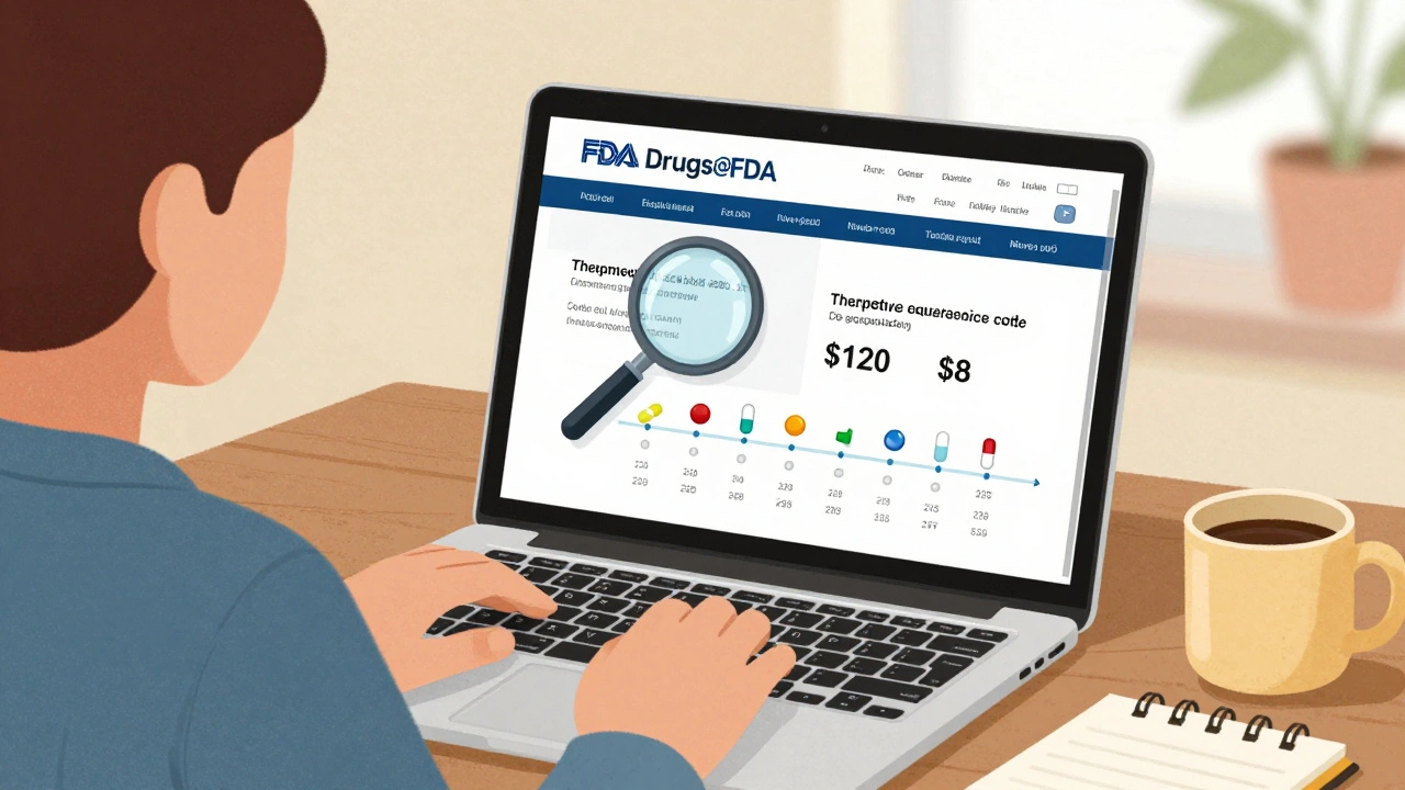 Person checking FDA Drugs@FDA website on laptop to confirm generic drug equivalence.
