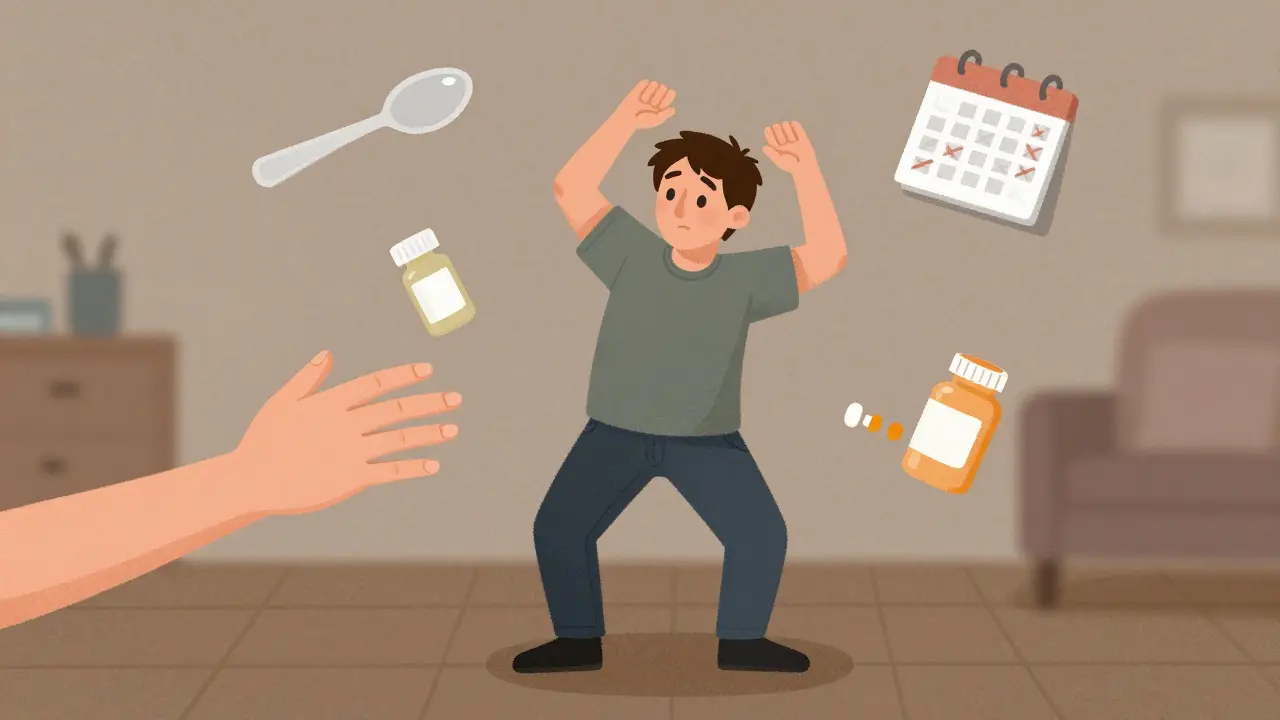 Person with involuntary chorea movements surrounded by symbols of daily challenges, soft textured illustration.