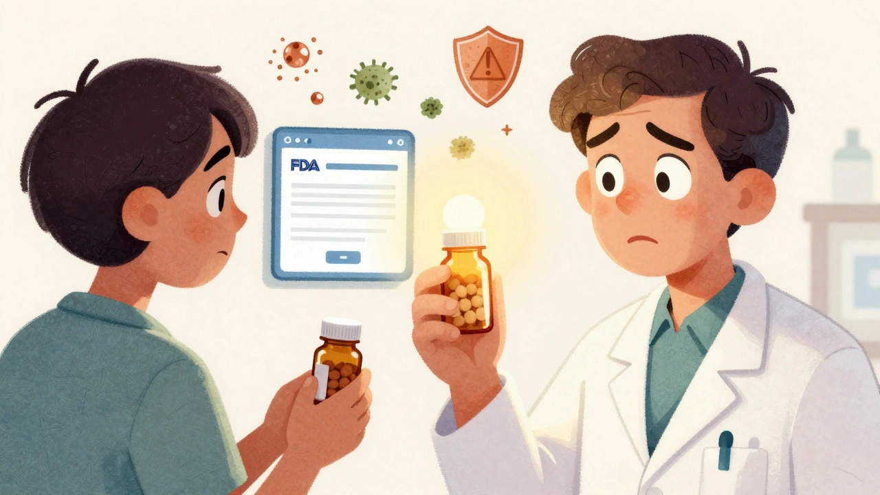 Pharmacist and patient comparing pills, with contamination icons floating above them.