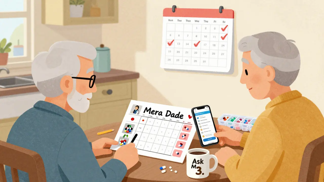 Senior and advocate at kitchen table using a visual pill schedule with photos and a smartphone app for medication tracking.