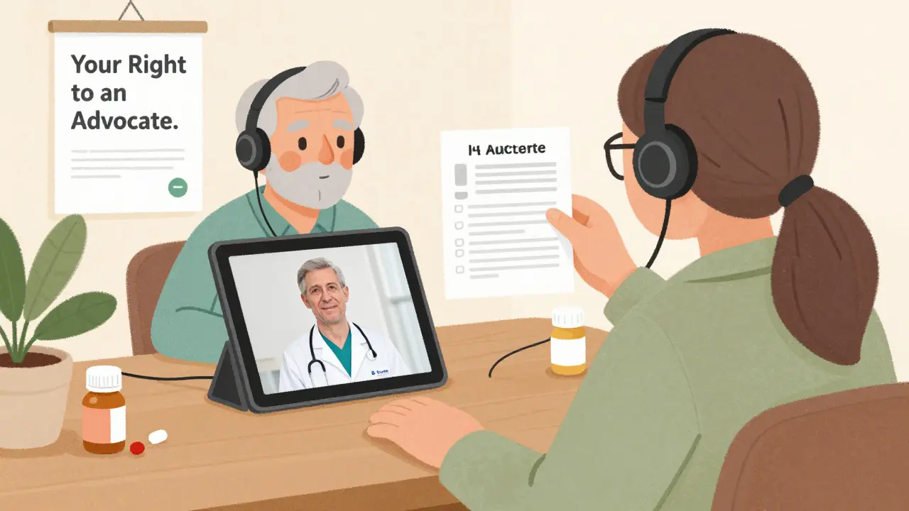 Senior on video call with a professional advocate, supported by a family member holding a medication checklist at home.