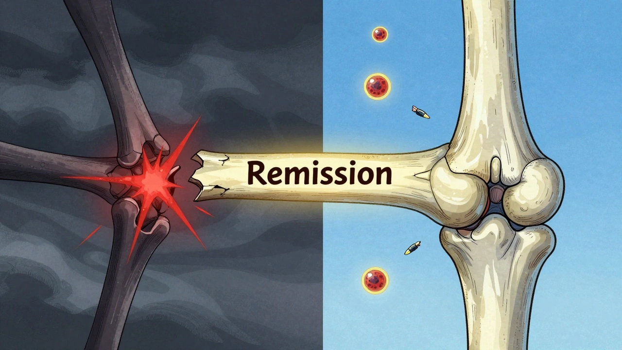 Split illustration: damaged joint on left, healed joint on right, connected by golden light to remission.